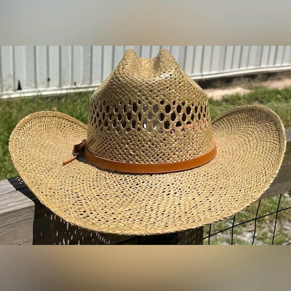 🤠 Moks Man Straw Cowboy / Cowgirl Hat With Decorative Leather Strap🤠 - Picture 2 of 12